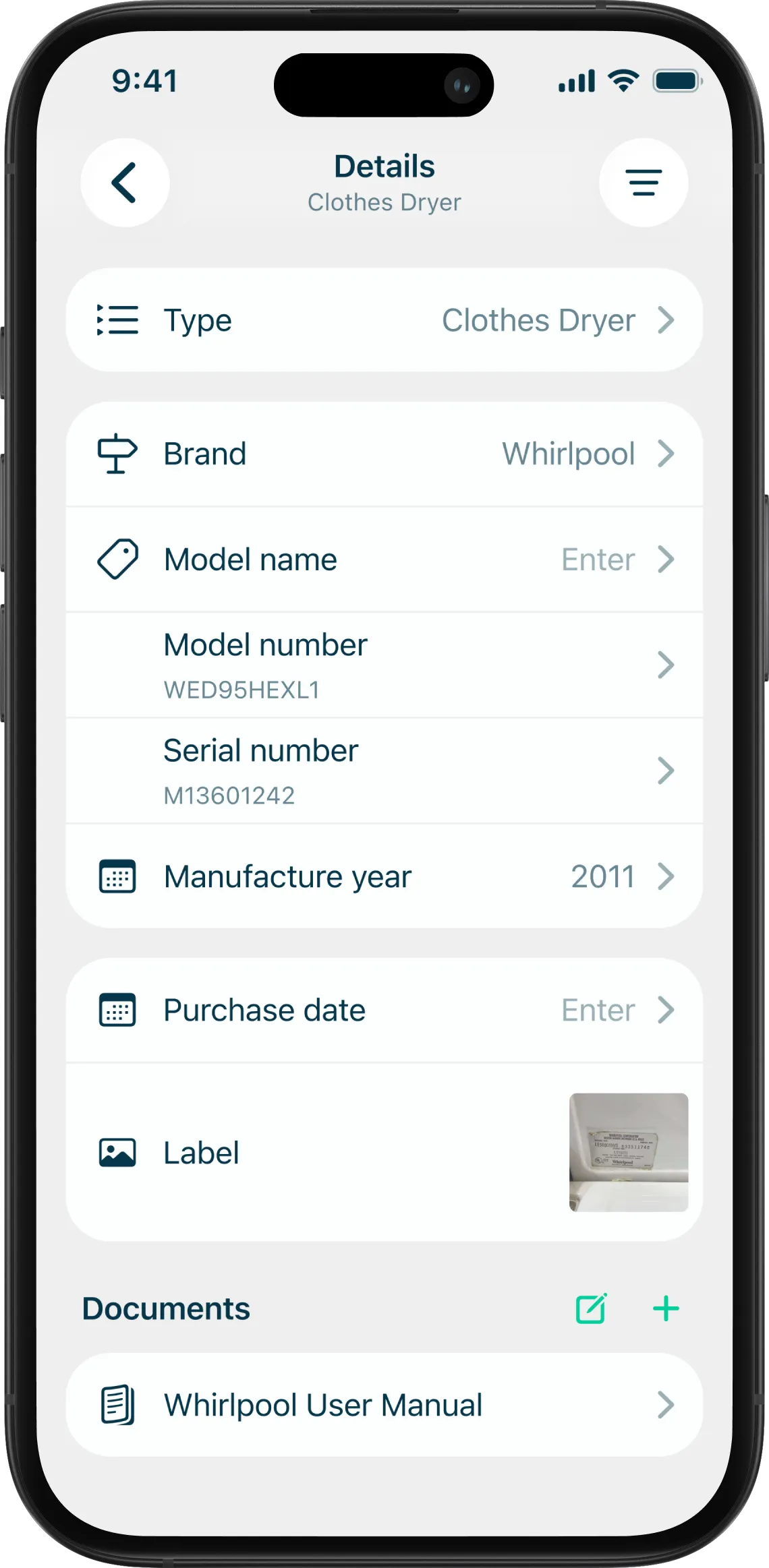 Mudroom app showing detailed item records with make and model
